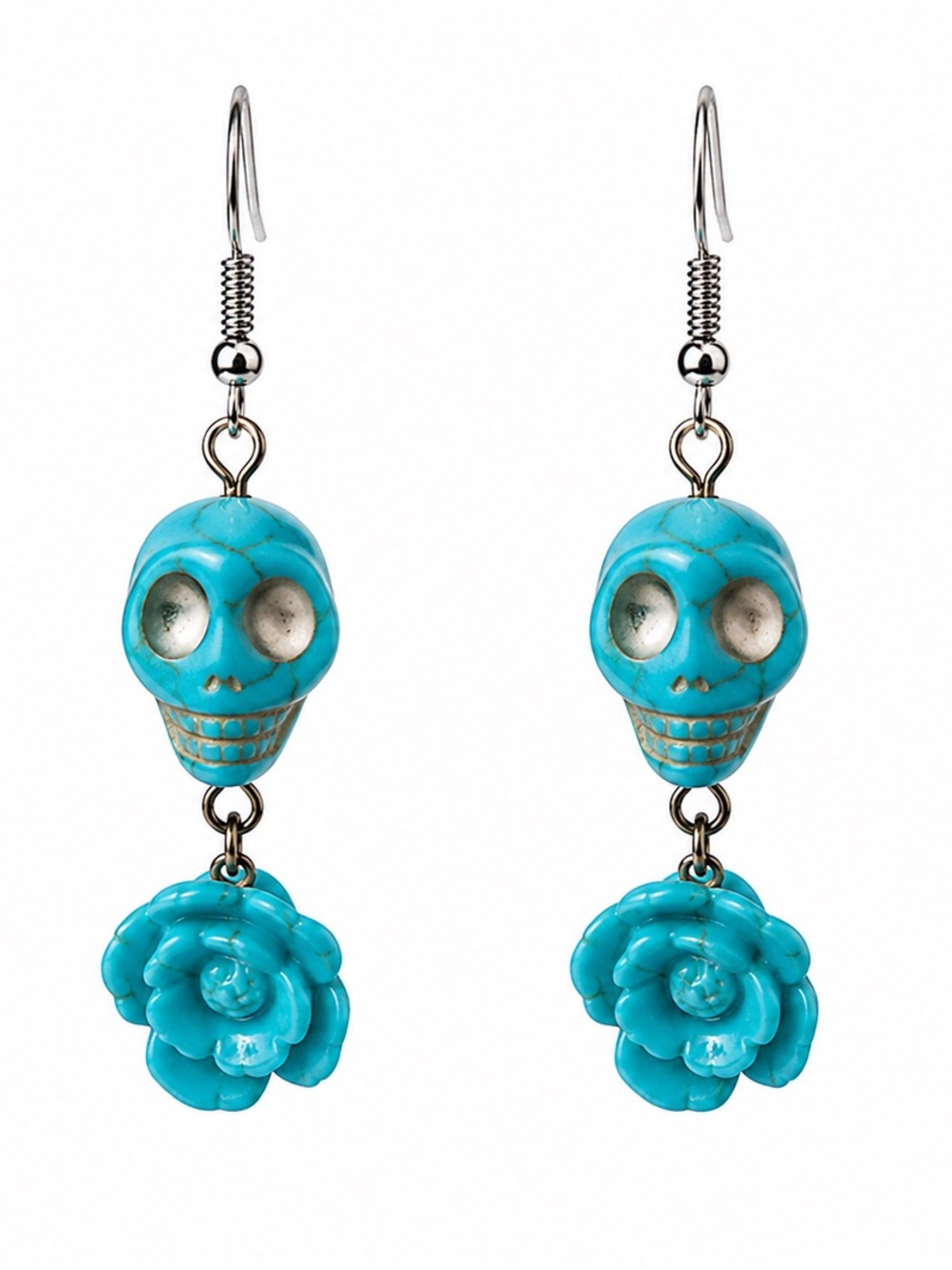 Turquoise Skull And Floral Earrings